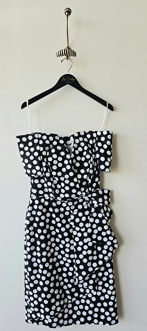 Black and white polka dot Victor Costa off the shoulder dress with large bow
