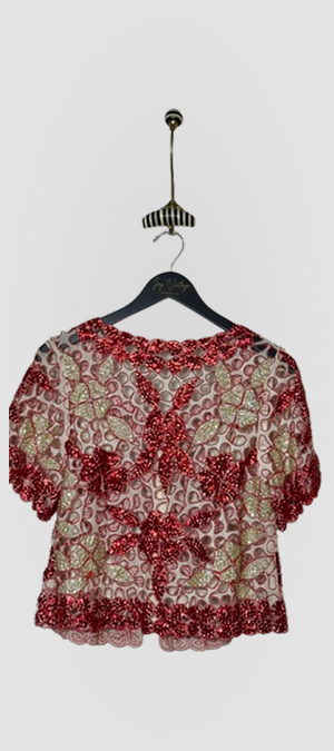 Sequin red and cream floral cropped jacket